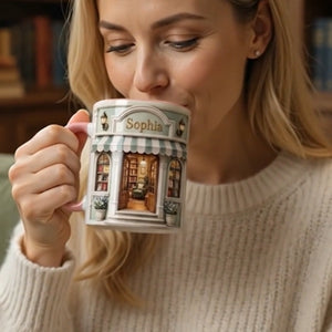 Custom Name Bookstore Mug, Cozy Reader Birthday Gift