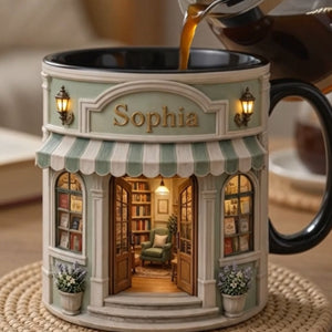 Custom Name Bookstore Mug, Cozy Reader Birthday Gift