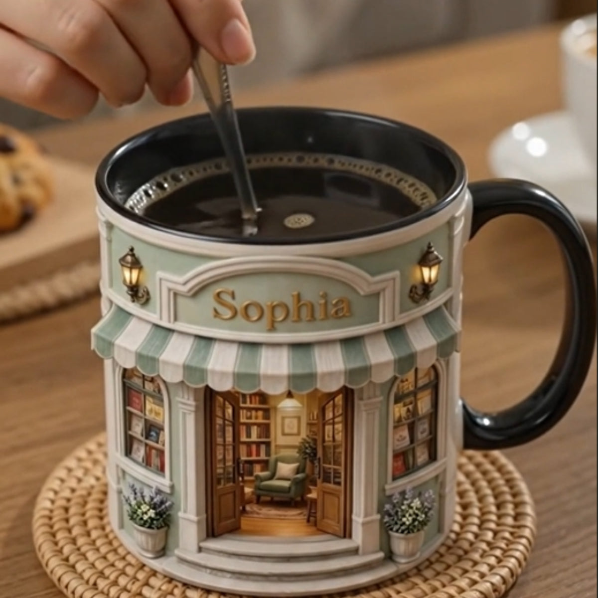 Custom Name Bookstore Mug, Cozy Reader Birthday Gift