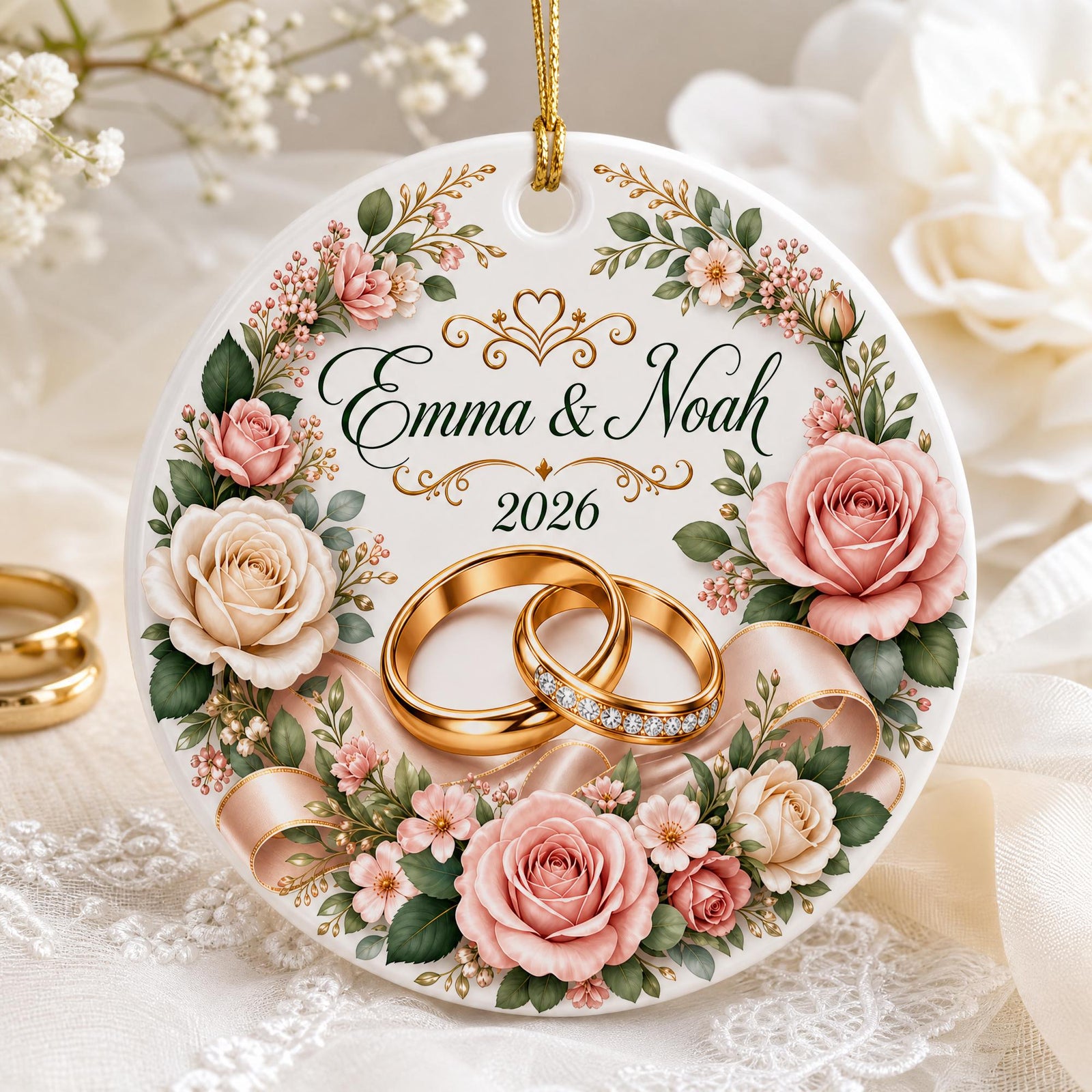 Personalized Wedding Ceramic Ornament, Newlywed Gift