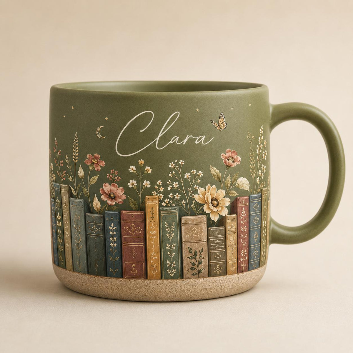 Vintage Bookshelf Pottery Mug, Personalized Book Lover Mug, Floral Library Coffee Cup, Bookish Reader Gift, Cozy Reading Mug