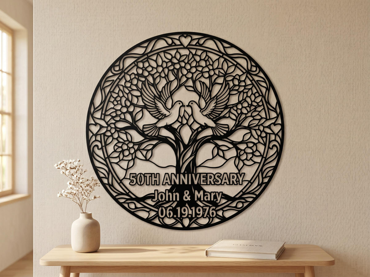 Personalized Anniversary Metal Sign, Tree of Life Love Birds Wall Art, Custom Couple Gift