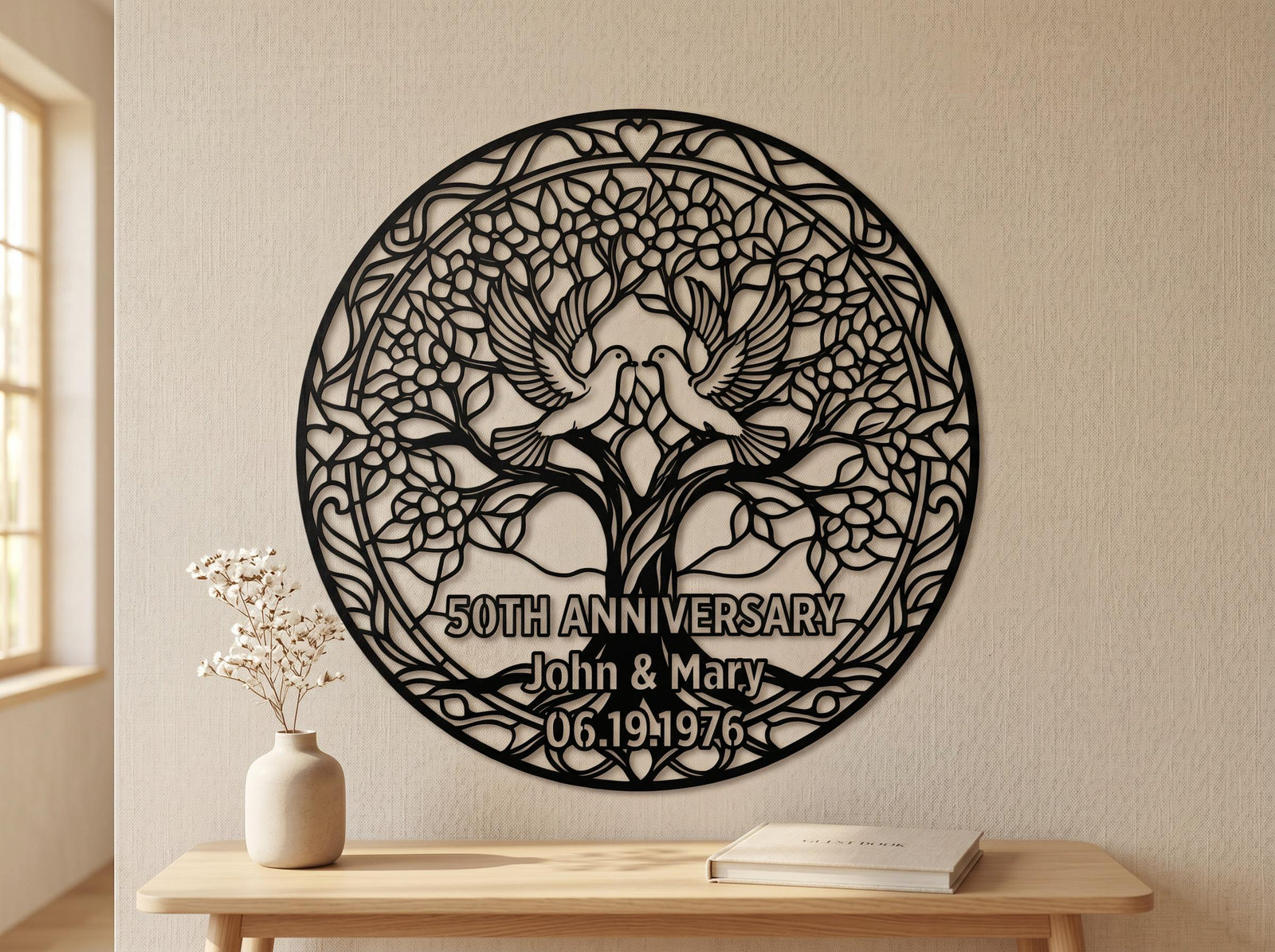 Personalized Anniversary Metal Sign, Tree of Life Love Birds Wall Art, Custom Couple Gift