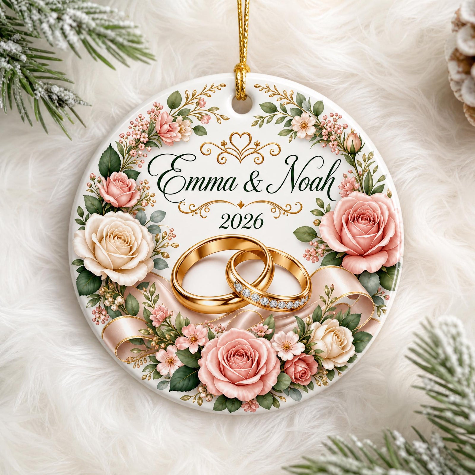 Personalized Wedding Ceramic Ornament, Newlywed Gift