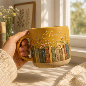Vintage Bookshelf Pottery Mug, Personalized Book Lover Mug, Floral Library Coffee Cup, Bookish Reader Gift, Cozy Reading Mug
