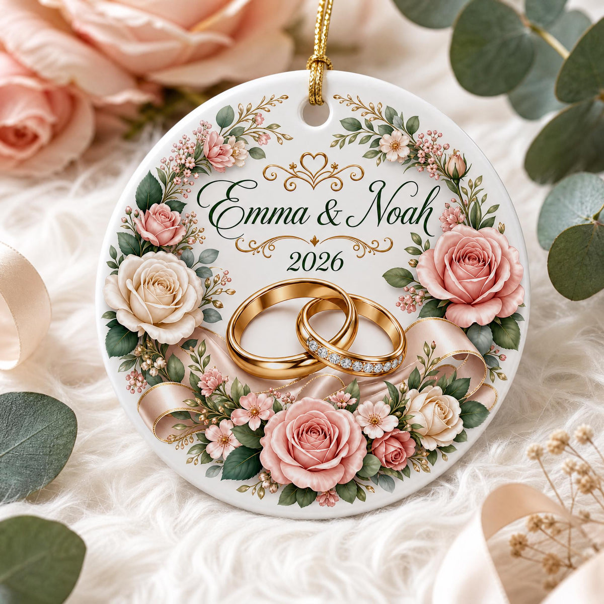 Personalized Wedding Ceramic Ornament, Newlywed Gift