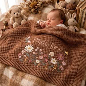 Personalized Floral Embroidered Baby Blanket - Custom Name Knitted Throw