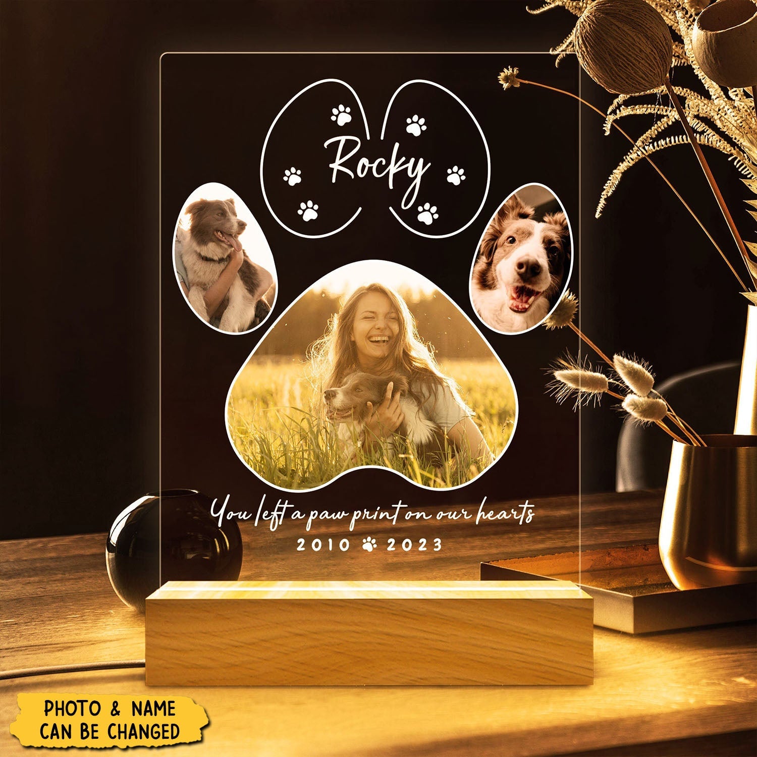 You Left A Paw Print On Our Hearts - Pet Memorial Personalized Night Light