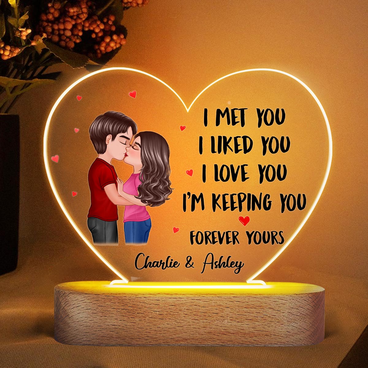 Doll Couple Kissing Gift For Him For Her Personalized Acrylic Heart Plaque LED Lamp Night Light