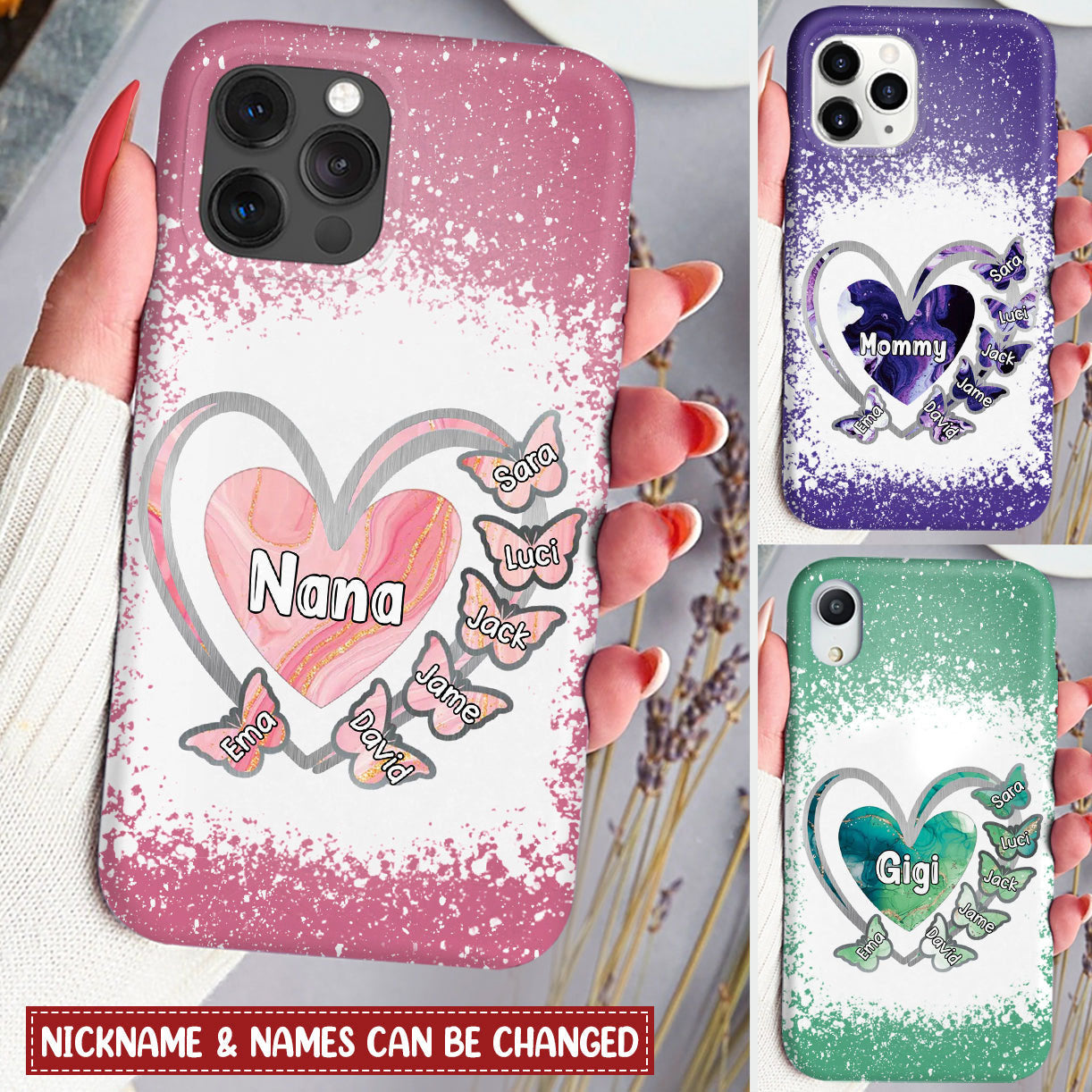 Sweet Heart Nana Auntie Mom Butterfly Kids, Multi Color Background Personalized Phone Case