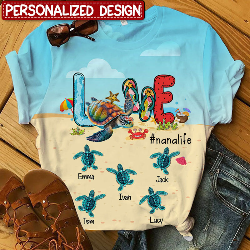 Ocean Turtle Love Grandma Life On the Beach Summer Vibe Personalized 3D T-shirt Perfect Gift for Grandmas Moms Aunties