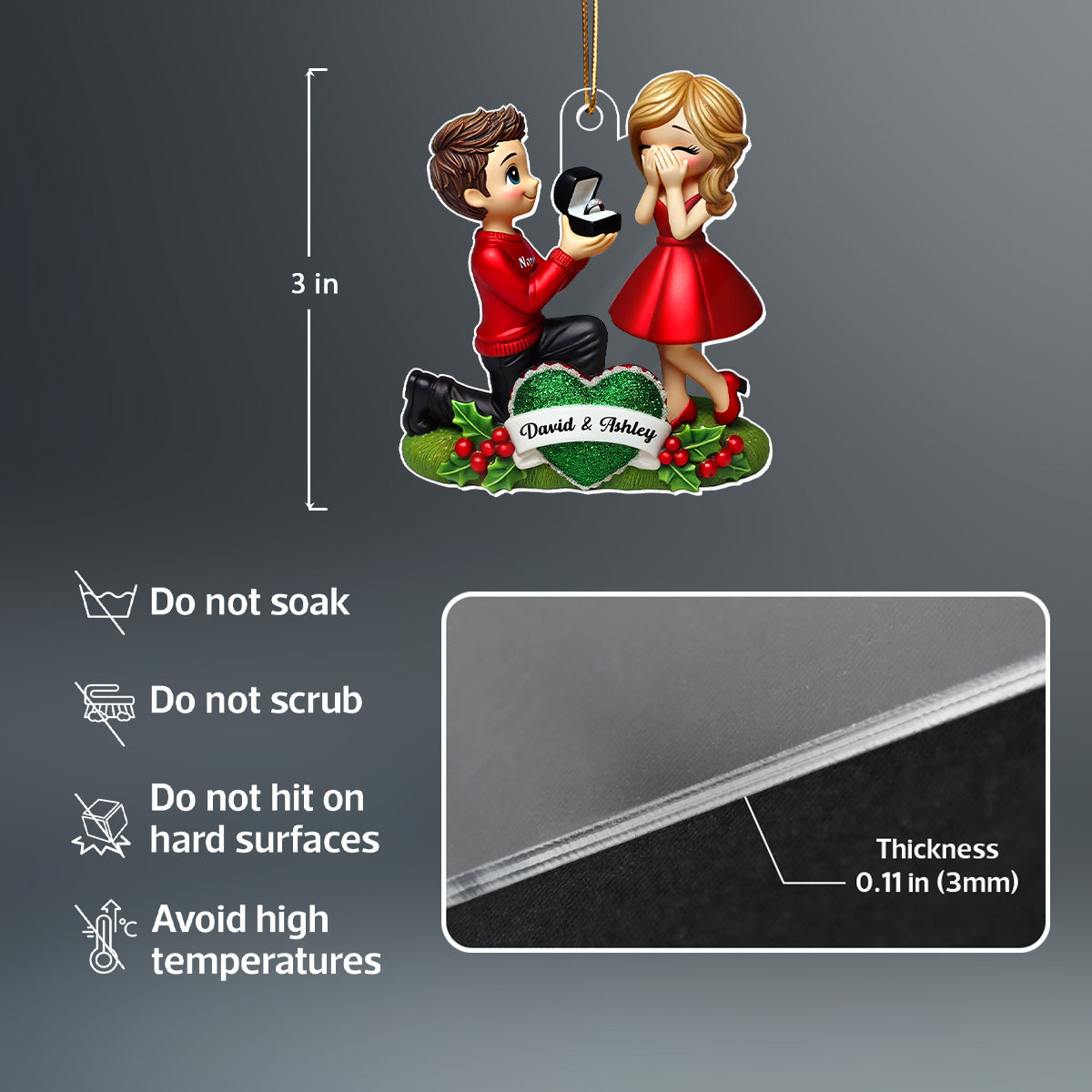 Marriage Proposal 3D Effect Ornament for Couples, Personalized Newly Engaged Gift, "She Said Yes!" Ornament