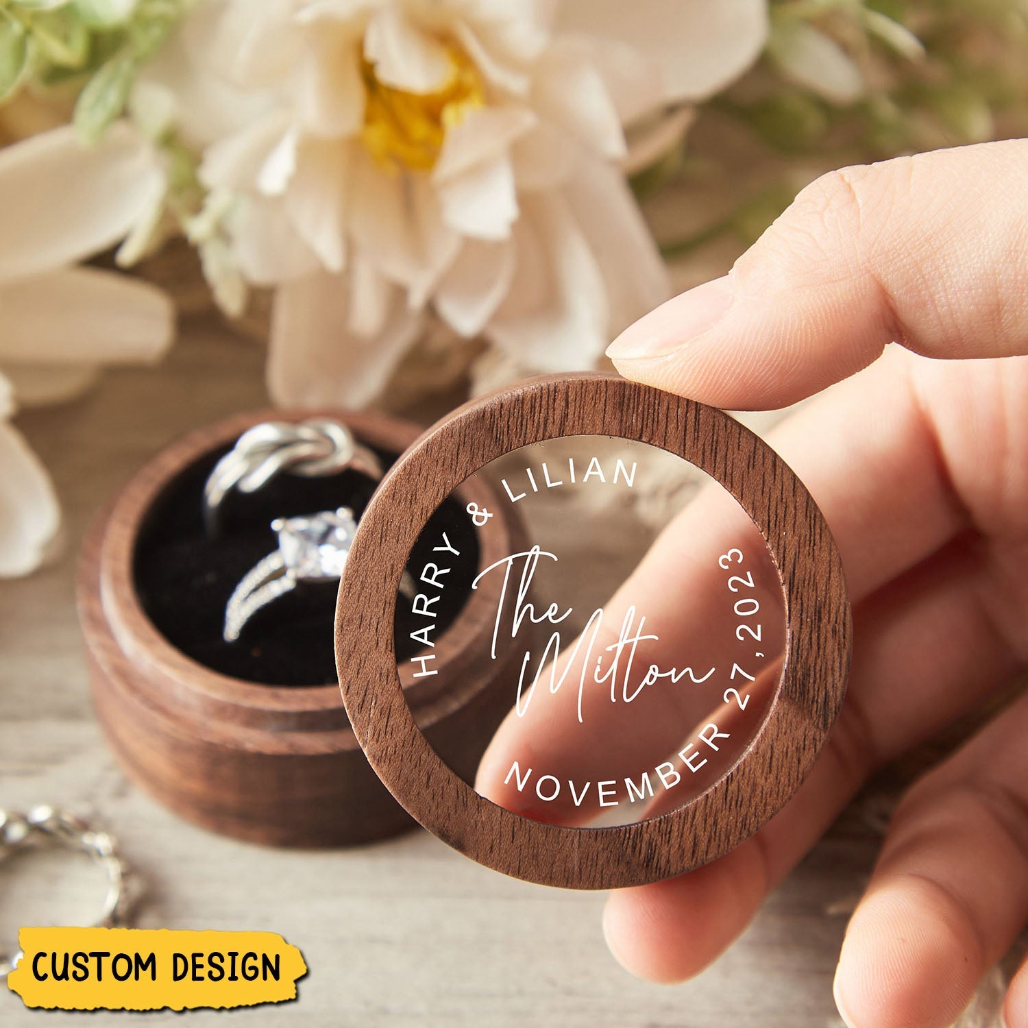 Personalized Round Engagement Wood Ring Box, Gift For Her