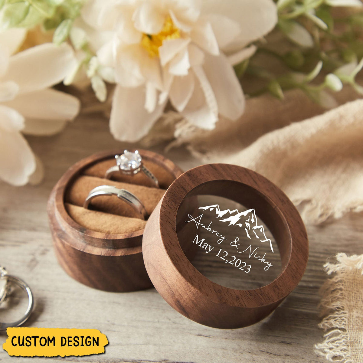 Personalized Round Engagement Wood Ring Box, Gift For Her