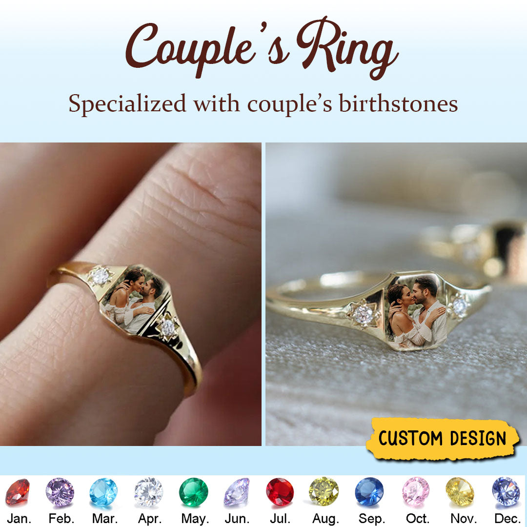 Custom Photo Personalized Rings With 2 Birthstones, Gift for Couple, F ...