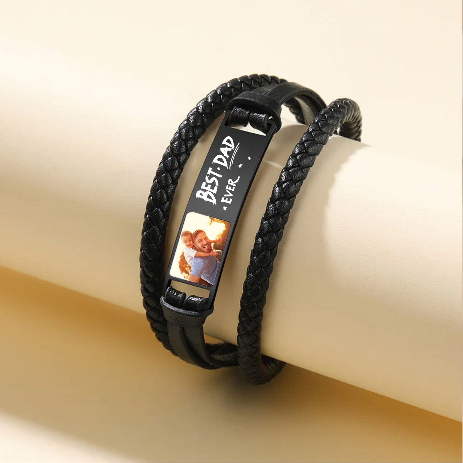 Best Dad Grandpa Ever - Personalised Cuff Leather Bracelet With Photo, Men's Bracelet Gift for Dad