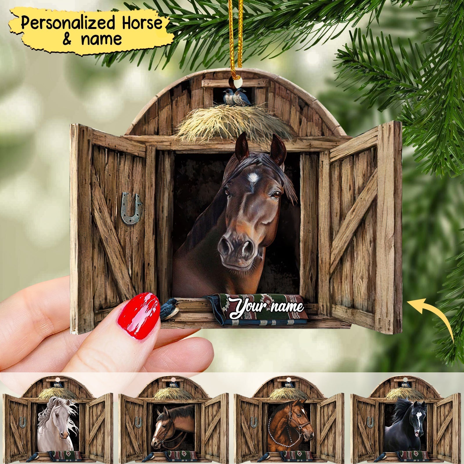 Country Horses On Farm, Horse Breeds Custom Name Personalized Ornament