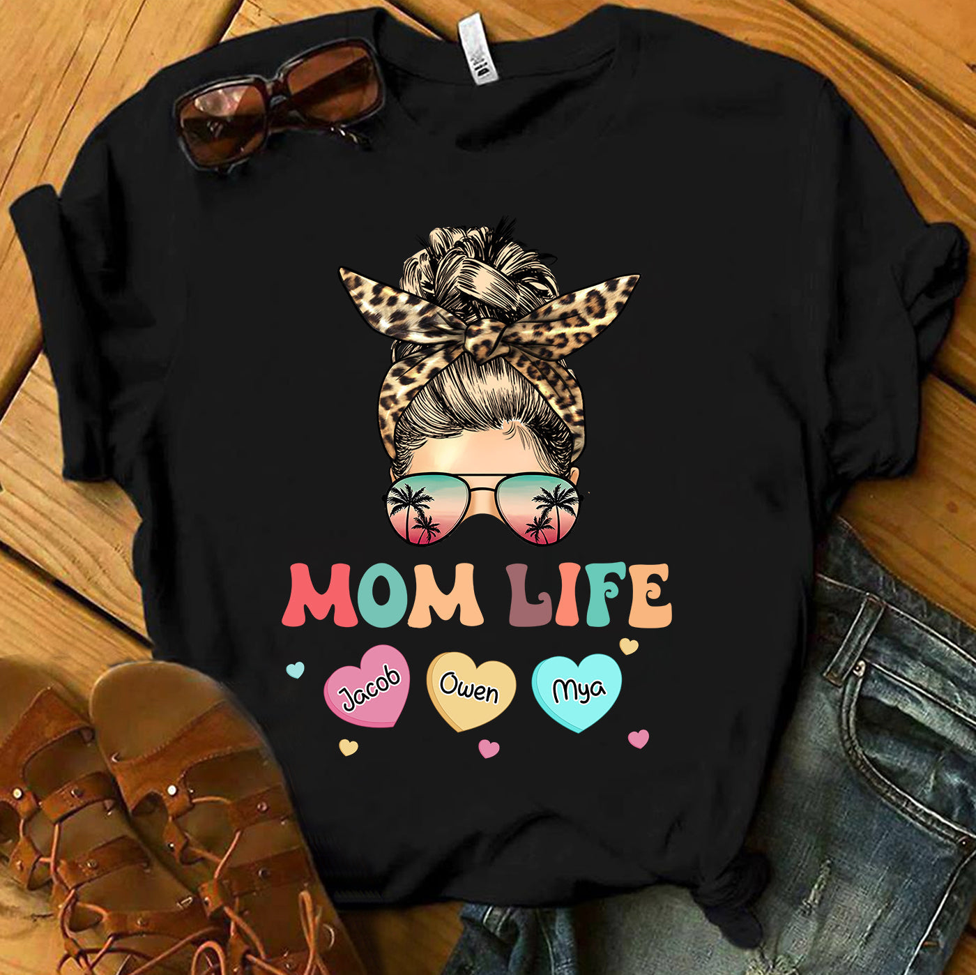 Leopard Messy Bun Nana Mom Life Colorful Heart Kids Personalized Shirt