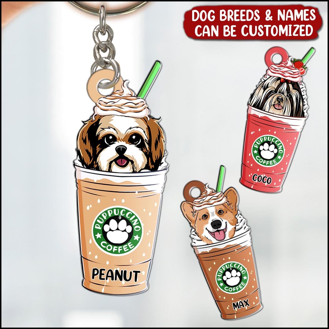 Cute Dog Coffee Puppuccino Personalized Acrylic Keychain Gift for dog lovers