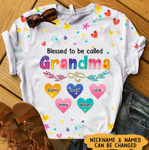 Blessed To Be Called Grandma, Nana And Sweet Heart Grandkids Personalized 3D T-Shirt