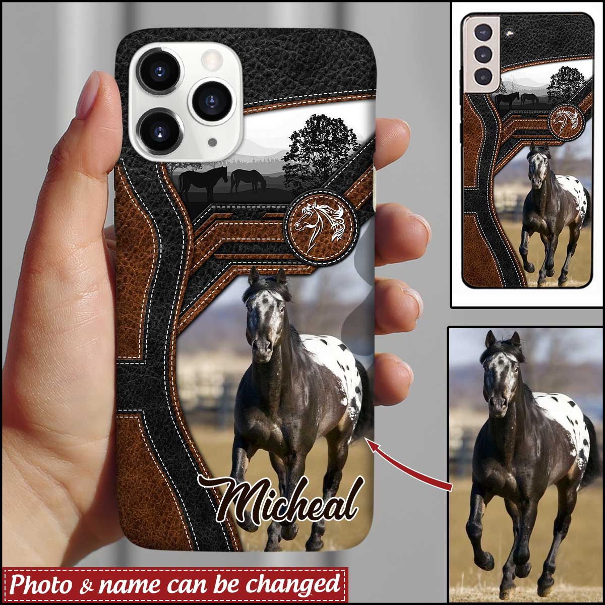 Love Horse Leather Pattern Upload Photo Custom Gift For Horse Lovers Silicone Phone Case