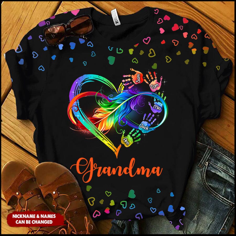 Personalized Grandma Mom Heart Infinity Hand Print Mother's Day Best Gift 3D Tshirt
