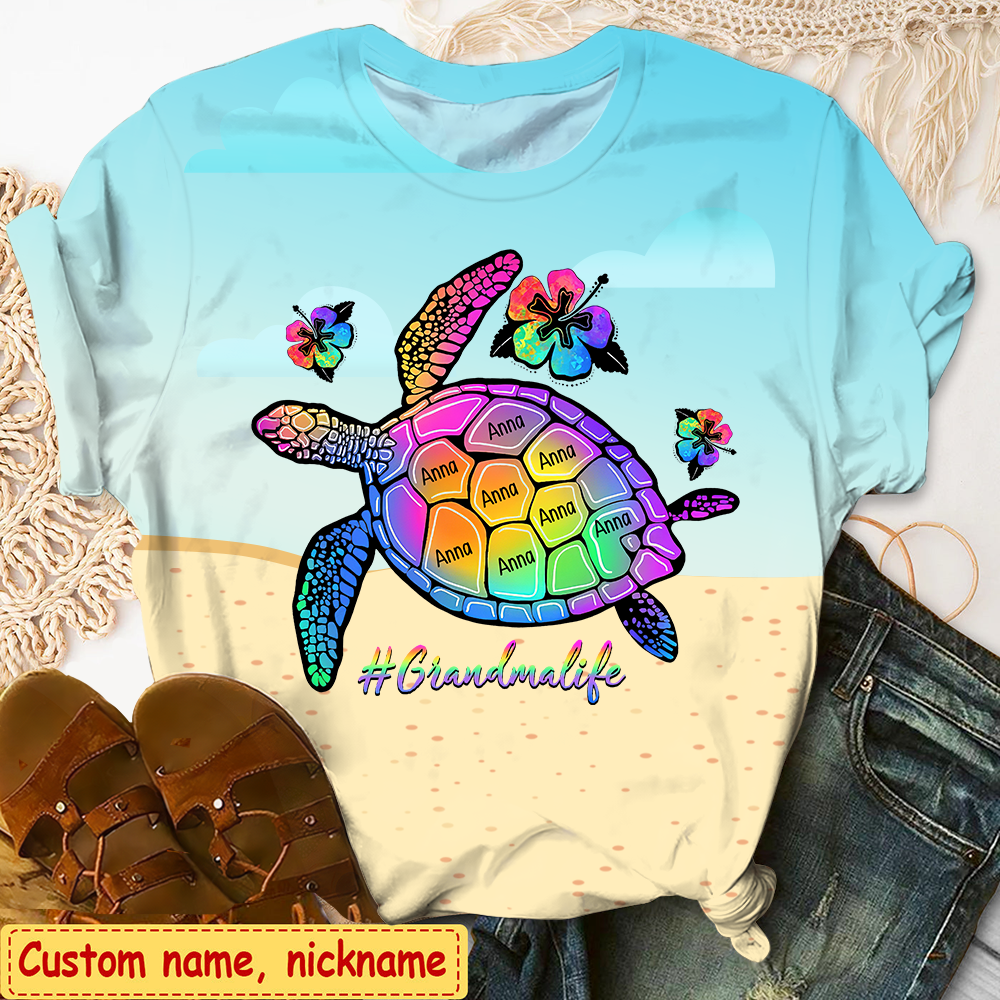 Personalized Grandma Life Turtle Summer Grandma & Kids Beach 3D T-Shirt