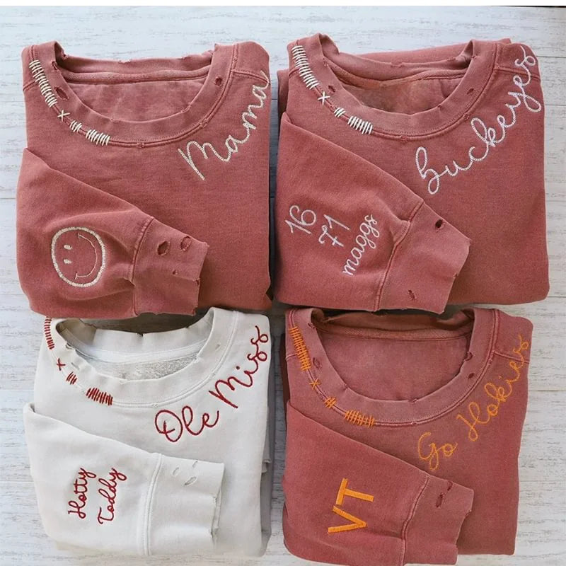 Custom Embroidered Hand Distressed Crew Neck Sweatshirt-gift for Mom/Grandma