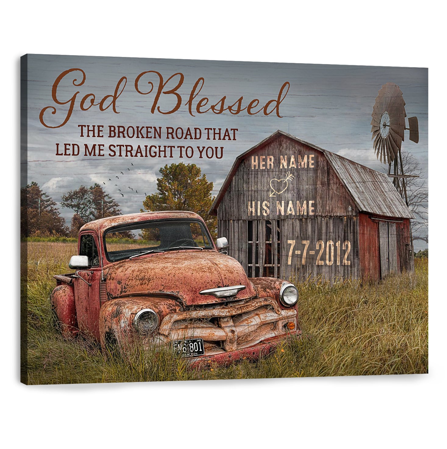 Custom Poster Anniversary Wedding Gift God Blessed The Broken Road Old Truck and Barn Wall Art Decor