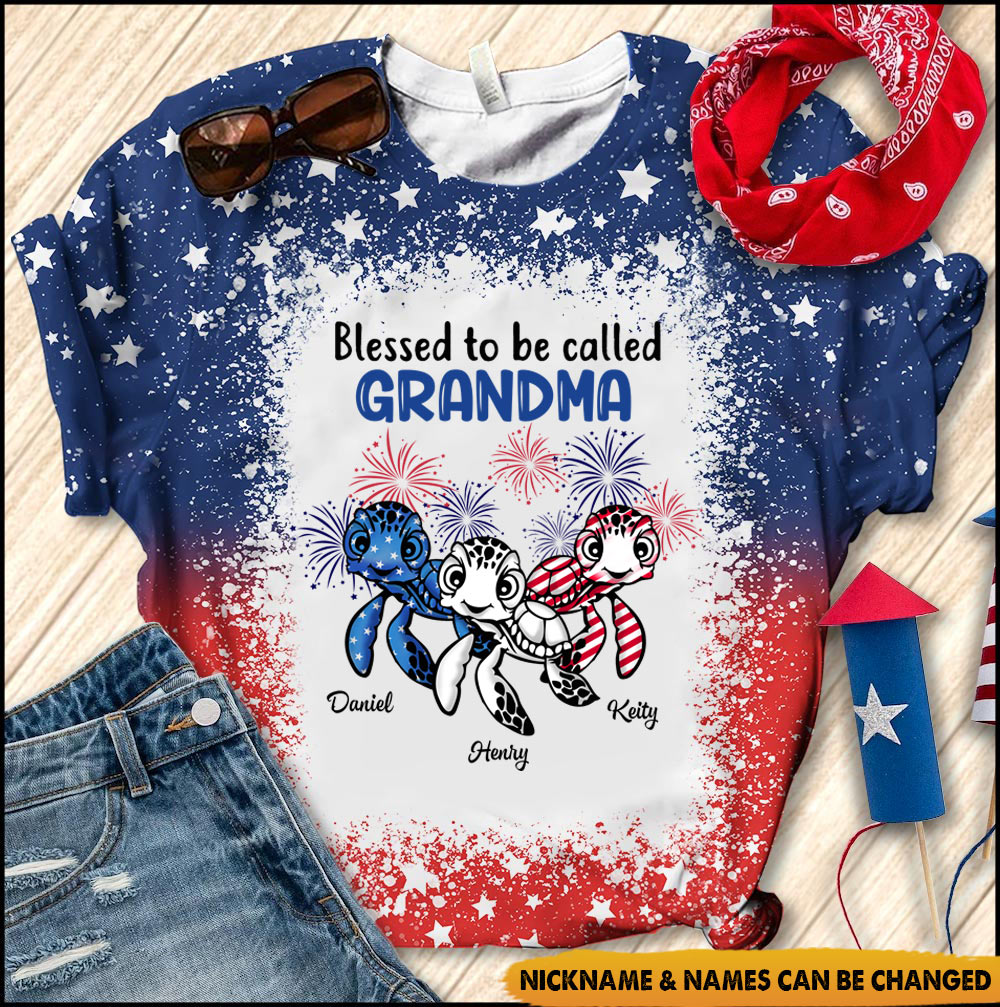 Personalized USA July 4th Grandma Mom Turtle 3D T-Shirt