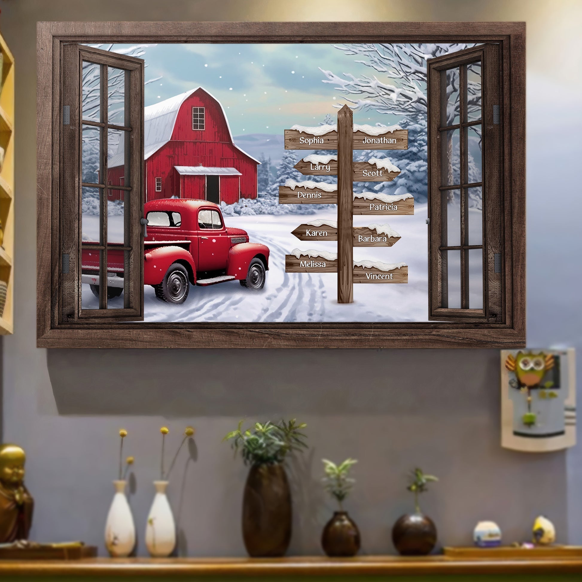 Custom Family Names Red Truck Farmhouse Christmas Poster-Names Premium Canvas Poster