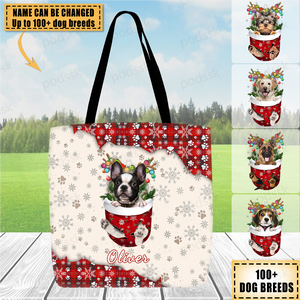 Personalized Dog In Snow Pocket Merry Christmas All Over Print Tote Bag
