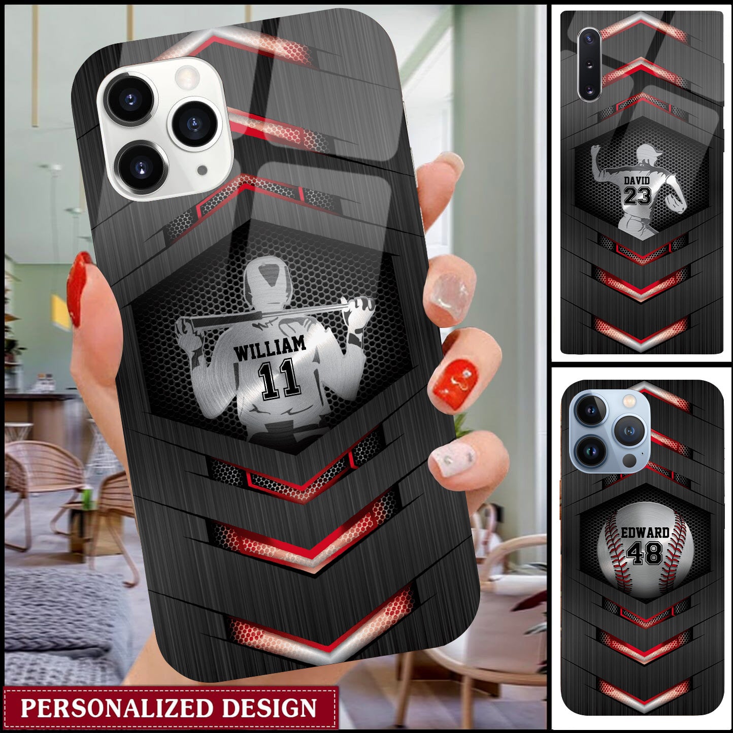 Baseball Player Red Light Personalized Glass Phone Case Gift For Baseball Lover