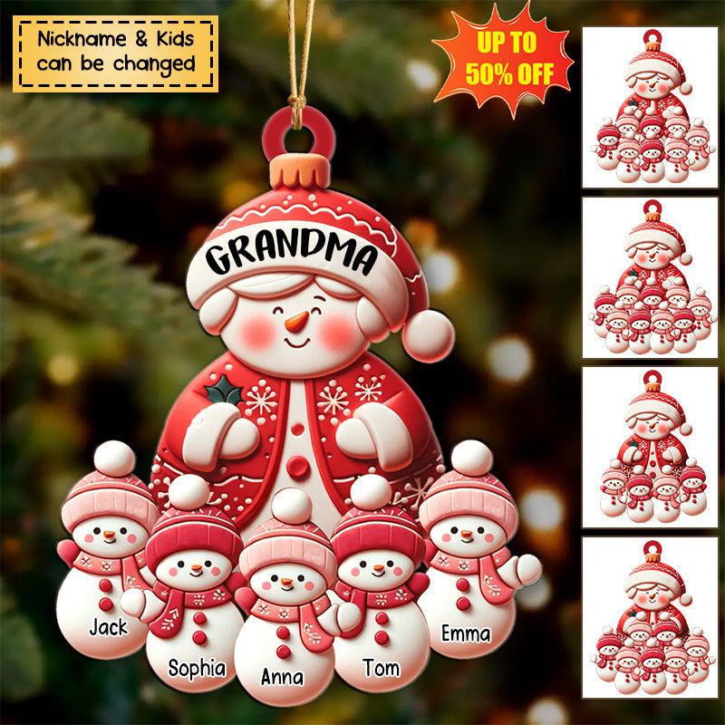 Christmas Red Themed Grandma Snowman With Little Snowman Kids Personalized Acrylic Ornament