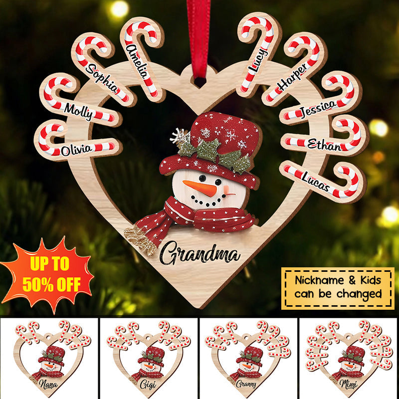 Christmas Snowman Grandma Mom Candy Cane Kids Personalized Wooden Ornament