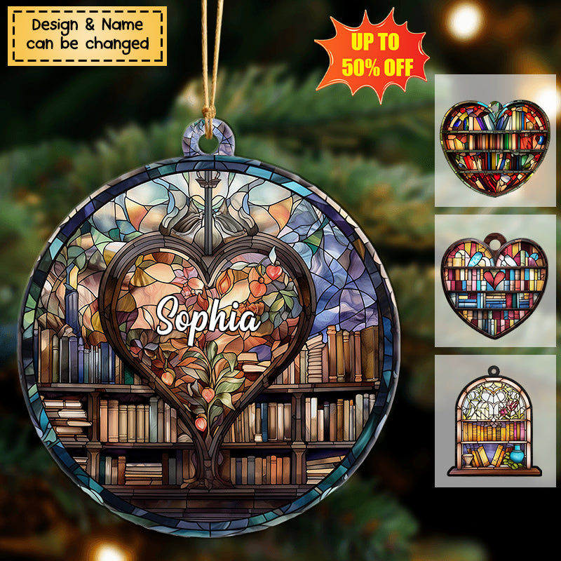 Personalized Bookshelf Stained Glass Ornament, Book Christmas Acrylic Ornament, Book Club Ornament, Book Lovers Gift