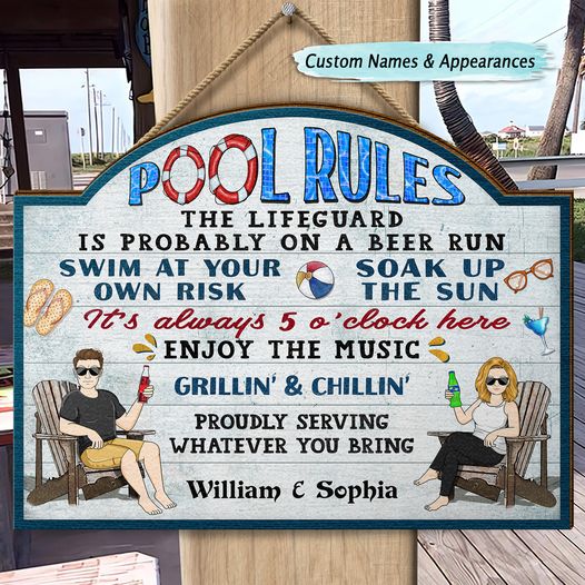 Pool Rules Swim At Your Own Risk Grilling - Home Decor, Backyard Decor, Gift For Her, Him, Family, Couples, Husband, Wife - Personalized Custom Shaped Wood Sign