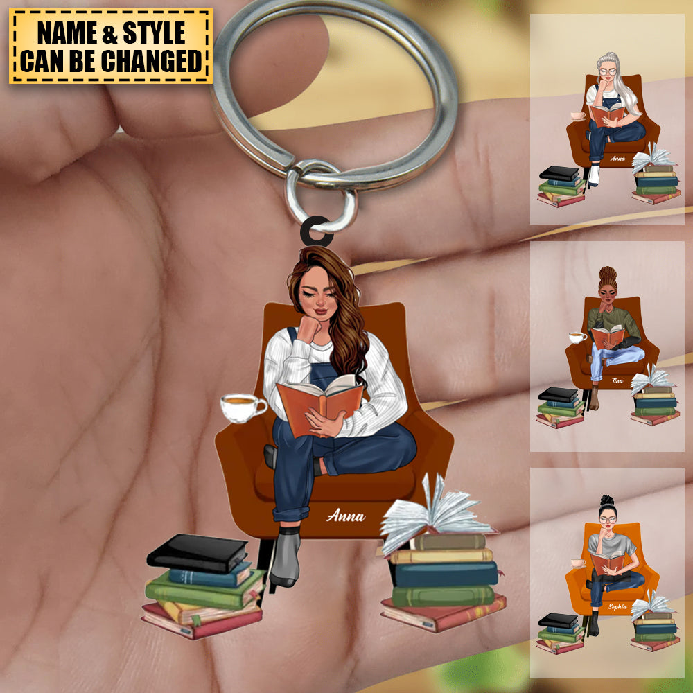 Girl Reading Book Sitting On A Chair - Custom Book Titles, Personalized Acrylic Keychain
