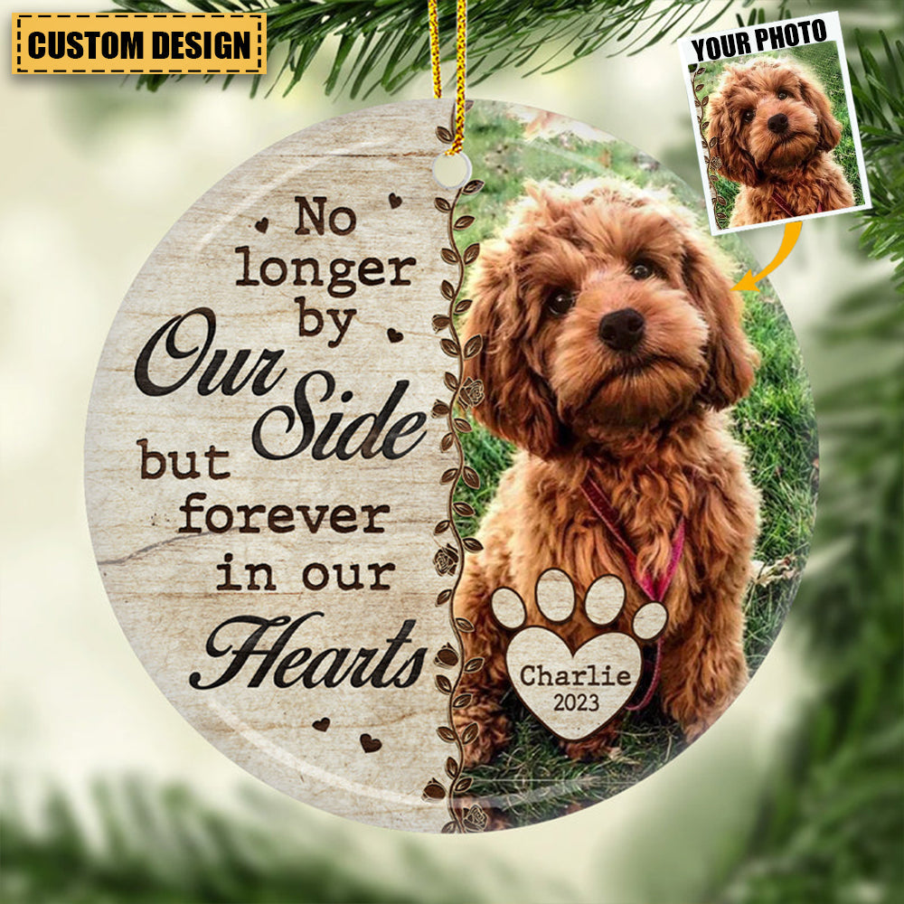 Custom Photo No Longer By Our Side - Memorial Personalized Custom Ceramic Ornament - Christmas Gift For Pet Lovers