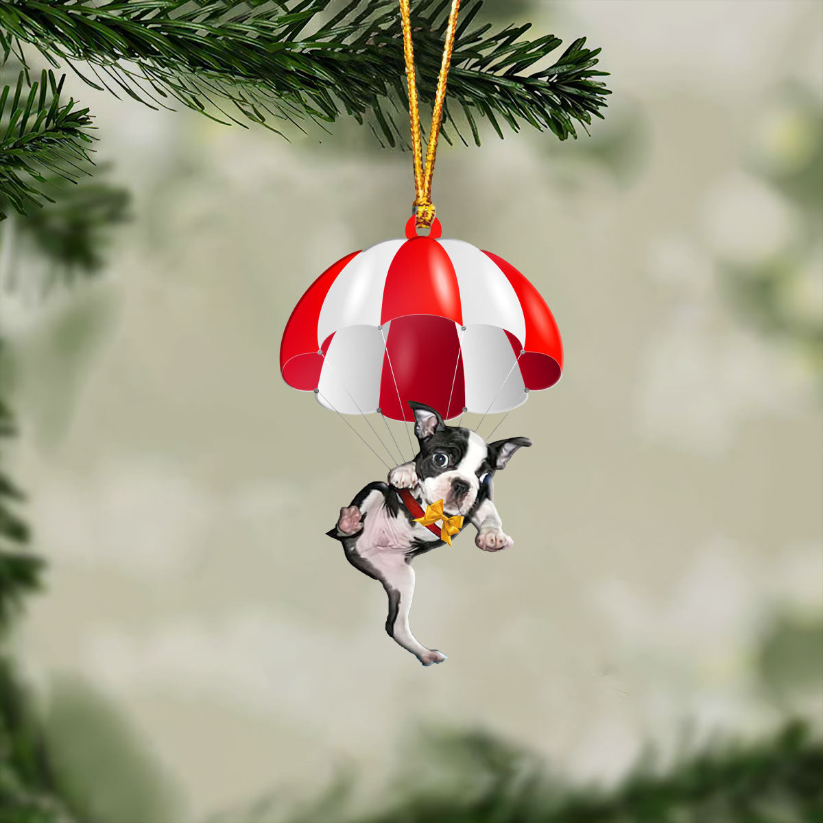 Boston Terrier Fly With Parachute Christmas Two-Sided Ornament