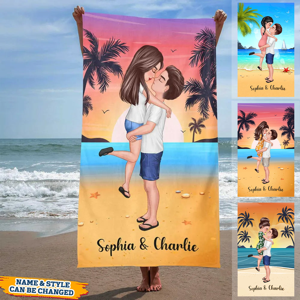 Summer Doll Couple Kissing Hugging On The Beach Personalized Beach Towel-Gift For Couple