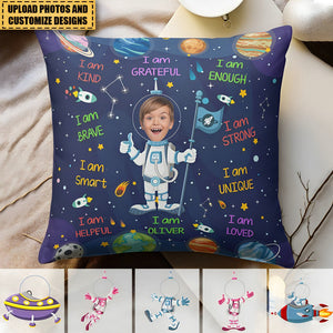 Kid Affirmations I Am Kind Smart Loved Astronaut - Personalized Photo Pillow