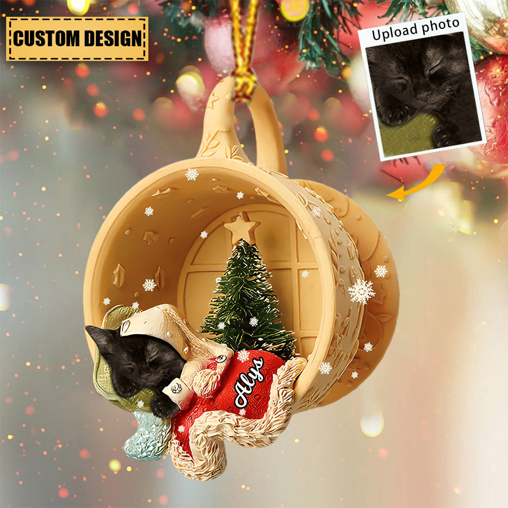 Personalized Pet Sleeping In A Tiny Cup Christmas Holiday-Two Sided Ornament-Gift For Pet Lover