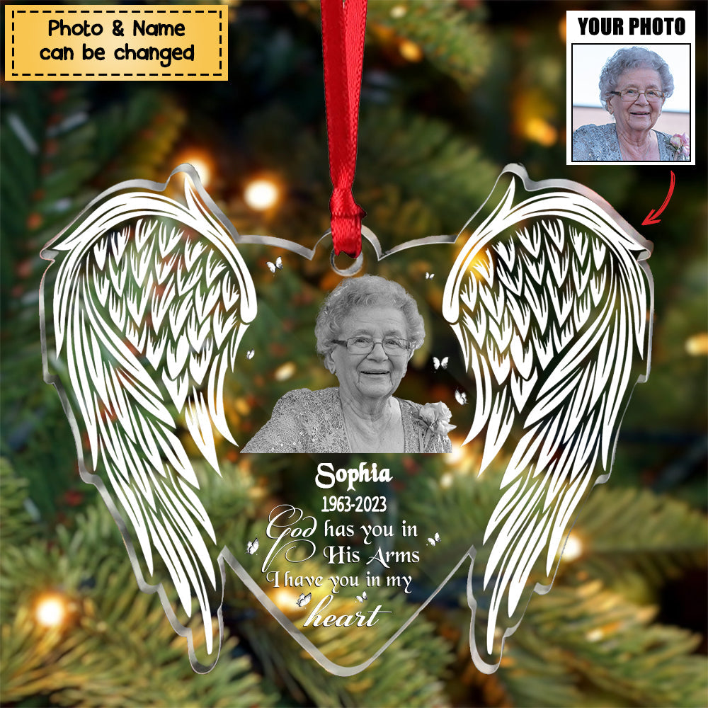 God Has You In His Arms I Have You In My Heart - Personalized Acrylic Christmas Memorial Ornament - Upload Photo