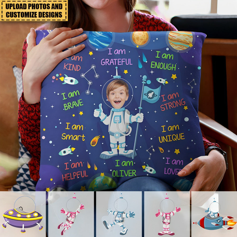 Kid Affirmations I Am Kind Smart Loved Astronaut - Personalized Photo Pillow