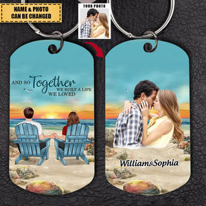 Back View Couple Sitting Beach Landscape You & Me We Got This Personalized Stainless Steel Keychain