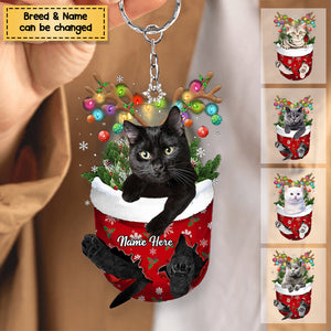 Cat In Snow Pocket Personalized Christmas Acrylic Keychain