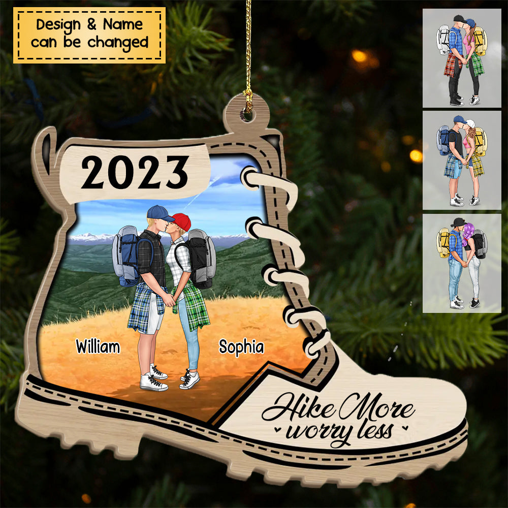 Hike More Worry Less- Personalized Hiking Kissing Couples Christmas Wooden Ornament, For Hiking Lovers