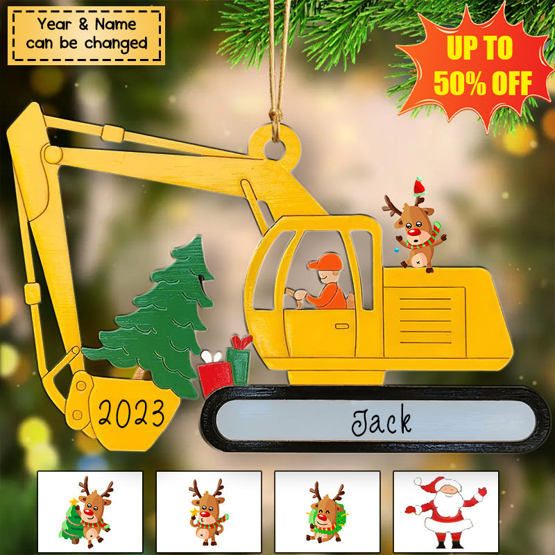 Personalized Christmas Excavator Construction Wooden Ornament