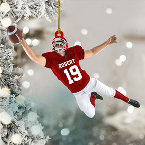 Personalized American Football Jumping With Ball Christmas Ornament for Football Mom Football Player Family Member